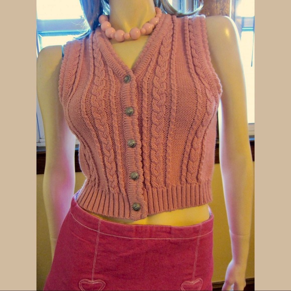 Vintage Austrian Boho Pink Buttondown Sweater Vest Top - Picture 3 of 8
